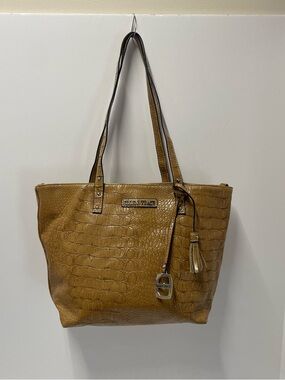 Ellen Tracy Faux Croc-Embossed Caramel Tote Handbag with Tassel Charm